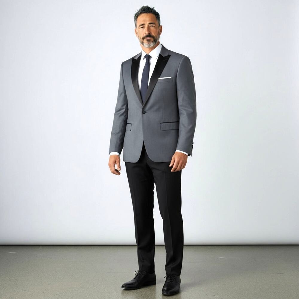 MAGE MALE Men's Slate Gray Sport Coat Blazer Jacket Black Satin Lapels Piping 3X